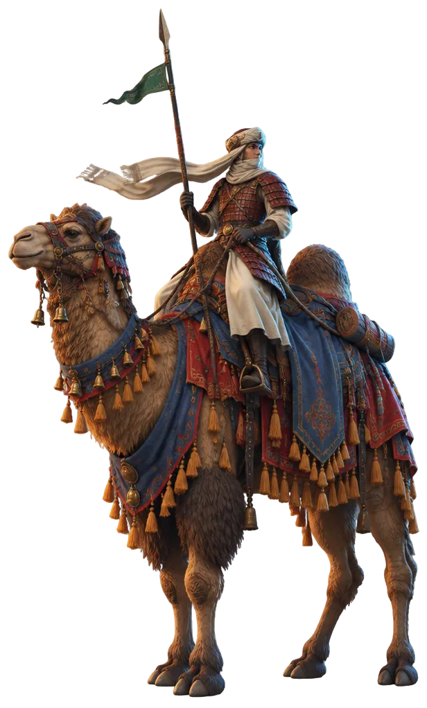 Camel Lancer berzirah lamelar di atas unta dua punuk berpelana felt lapis dan sinabar, tombak tegak berpanji malakit.