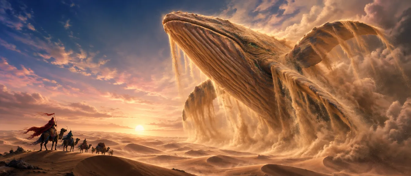 The Sand Whale, paus raksasa dari pasir dan angin, melompat dari lautan bukit pasir saat fajar, pasir mengalir dari siripnya, kafilah kecil di punggung bukit di kiri bawah.